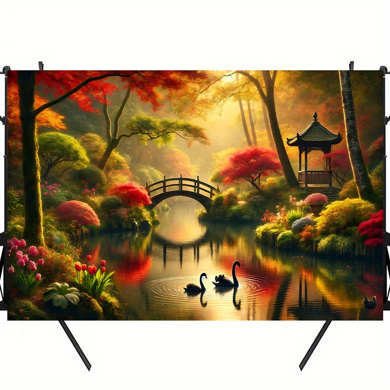 Autumn Garden Bridge Swans Wal - Interior Design With Wallpaper 리뷰 및 가격