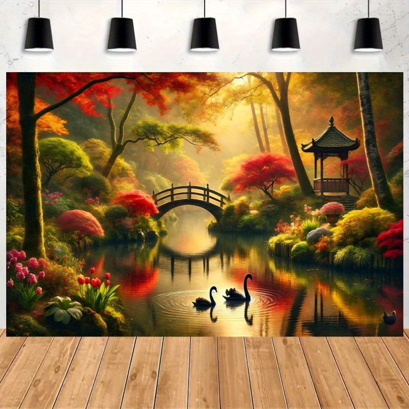 Autumn Garden Bridge Swans Wal - Interior Design With Wallpaper 리뷰 및 가격